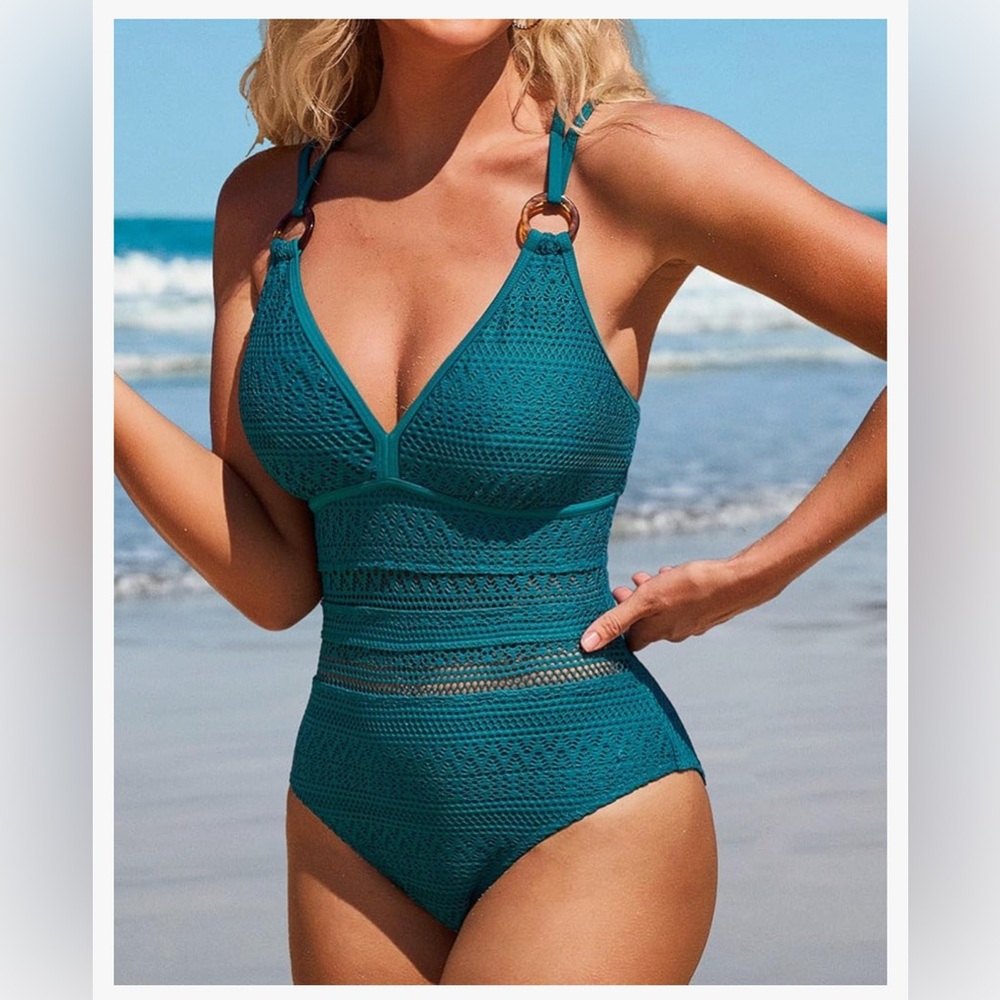 CHARMO Women Crochet One Piece Plunge V Neck Strappy Bathing Suit- Size S